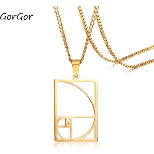 GorGor New Arrivals Stainless Steel Fibonacci Pendant Gold Color Rectangle Necklaces for Fashion Women Jewelry Gift PN-1146