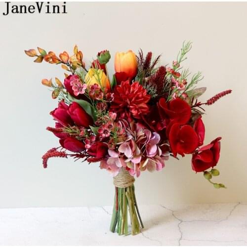 JaneVini 2021 Red Wedding Flowers Bridal Bouquet for Bride Ramo Flores Artificial Orchid Tulip Vintage Silk Bouquets Accessories