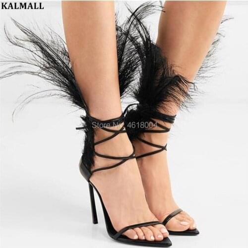 KALMALL Runway Party Shoes Women Feather Sandals Gladiator Cross Tied Thin Heels Ostrich Hair Sandles T-show Fur Heels 10 cm