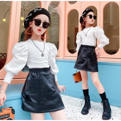 2020 new wholesale girls 2 pcs set puff sleeve t-shirt + leather skirt fashion autumn girls suit 4-9t F731
