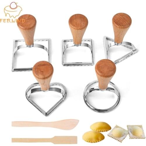 Round/Square/Heart Shaped Ravioli Cutter With Stuffing Spoon Woodhand Ravioli Stamp Cutter/Press/Mold/Maker Pasta Wheel Tool 201