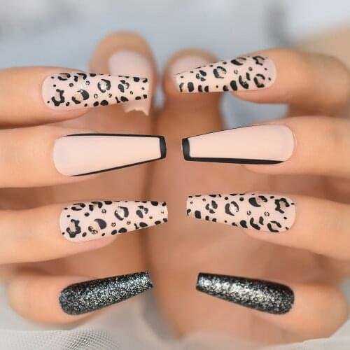 Leopard Grain With Glitter Pre Designs Coffin Extra Long Fingernails Full Cover Nail Tips Press On Nail 2021 Supplying Wholesale