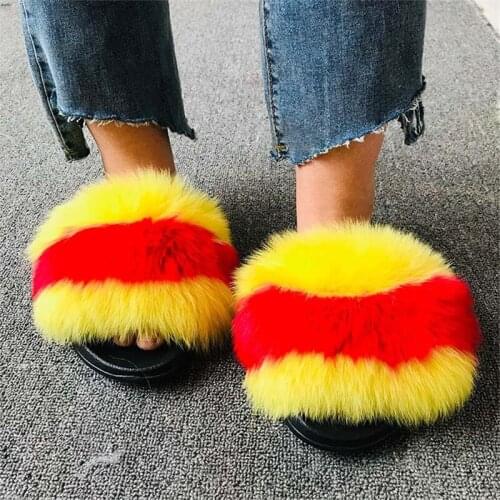 Summer Womens Real Fox Fur Slippers Ladies Colorful Slides Furry Sandals Female Fluffy House Shoes Girls Cute Plush Flip Flops
