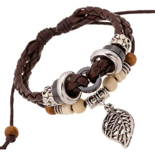 Fashion Vintage Leaf Beads Bracelet Multilayer Braided Leather Black Brown Bangle Retro Charms Wristbands Casual Unisex Jewelry