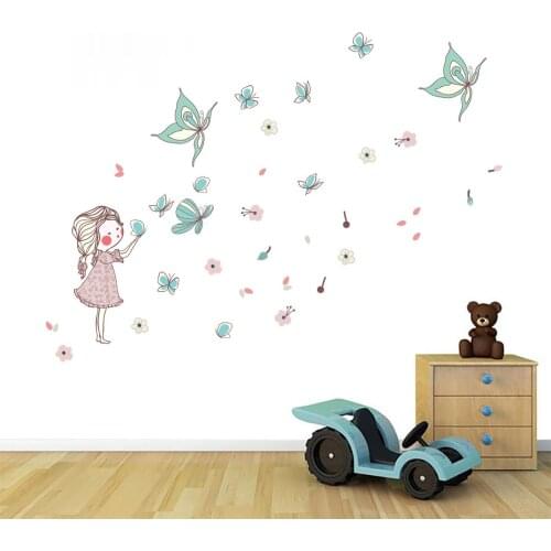 Cartoon Little Girl Butterflies Flying Wall Sticker for Girls Kids Room Decor Nursery Mural Wall Decor Vinyl Wallpaper Decal Art