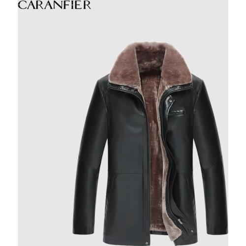 CARANFIER Leather Jackets Mens Winter Faux Fur Male Overcoat Plus Velvet Thick Warm Riding Zipper Coats PU Outerwear Windproof