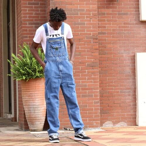 Hot 2020 Mens Denim Bibs Retro Loose Wide Leg Large Size Denim Bib Pants Mens New High Waist Overalls Casual One-piece Long Pa
