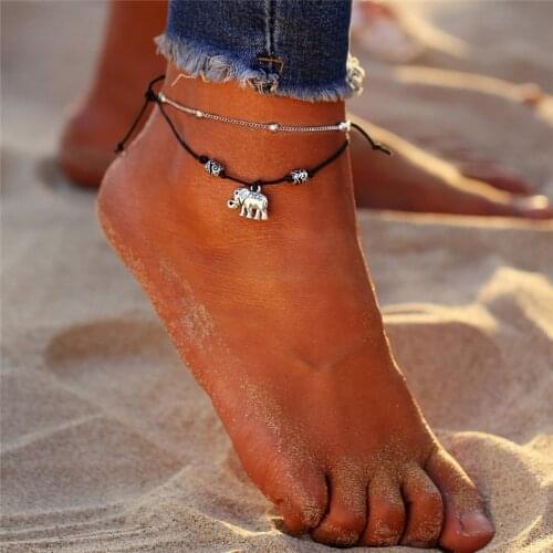 LIMARIO Vintage Multi Layer Beads Anklets For Women Fashion Elephant Pendent Anklet Cotton Handmade Chain Foot Party Jewelry