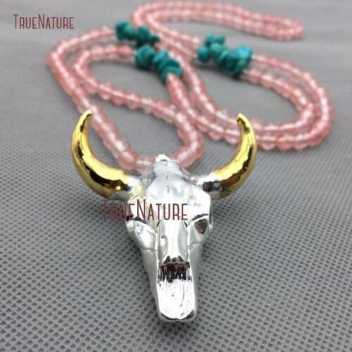 Silver Plated Faceted Buffalo Head Gold Horn Finish Charm Necklace Resin And Pink Crystal Beads Handmade Long Necklace NM4312