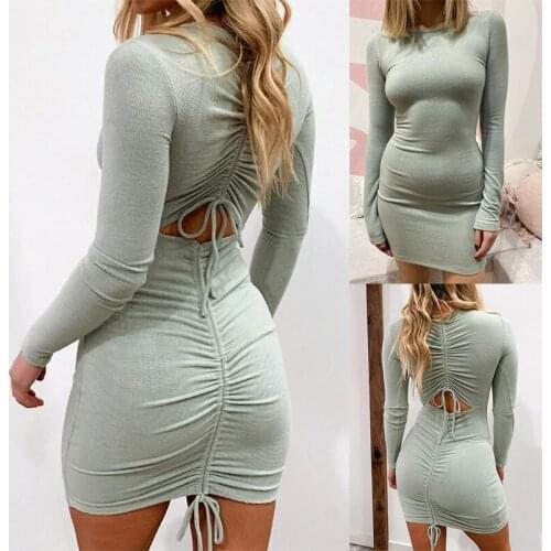 Sexy Women Solid Color Mini Dress Shrinkage Drawstring Hollow Out Design O-Neck Long Sleeve High Waist Slim Hips Pencil Dresses
