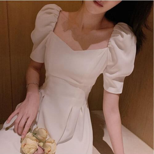 Summer Women Cottagecore Bandage Square Collar White Dress New Temperament Elegant Solid Color High Waist Thin Mori Girl Dresses