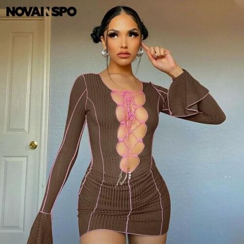 NOVAINSPO Lace Up Sexy Hot Baddie Clothes Mini Dress For Women Flare Sleeve Cut Out Night Club Ribbed Deep V Neck Skinny Dresses