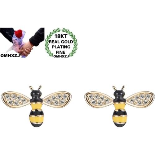 OMHXZJ Wholesale EA573 European Fashion Hot Fine Woman Girl Party Birthday Wedding Gift Bee AAA Zircon 18KT Gold Stud Earrings