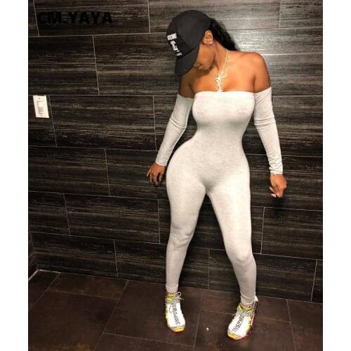 CM.YAYA Autumn Solid Off Shoulder Long Sleeve Women Jumpsuit Sexy Club Party One Piece Overall High Waist Bodycon Rompers Outfit