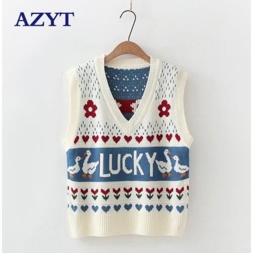 AZYT Autumn V Neck Women Sweater Vest 2021 New Letter Print Pullover Knit Sleeveless Tank Tops Female Loose Knitwear Vest