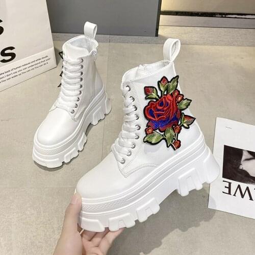 Fashion Non-slip Shoes Round Toe Zipper Lace Up Round Toe Platform High-top Canvas Shoes Woman Rose Flower Shoes 2021