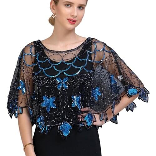 Vintage Sequin Beaded Evening Cape 1920s Flapper Shawl Wraps Wedding Bridal Shawl Scarf Circle Flower Gatsby Party Cover Up