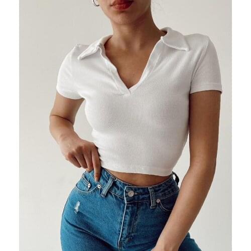 Summer Womens Pure Color Pure Cotton T-Shirt 2021 Summer Black Loose Harajuku Sweat Short Sleeve POLO Collar Hollow Chest Top