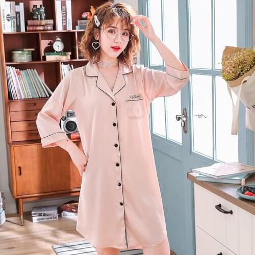 Ice Silk Nightdress Womens Nightgown Summer Thin Pure Color Sexy Sleepwear Embroidered Shirt Skirt Large Cardigan Home Clothes