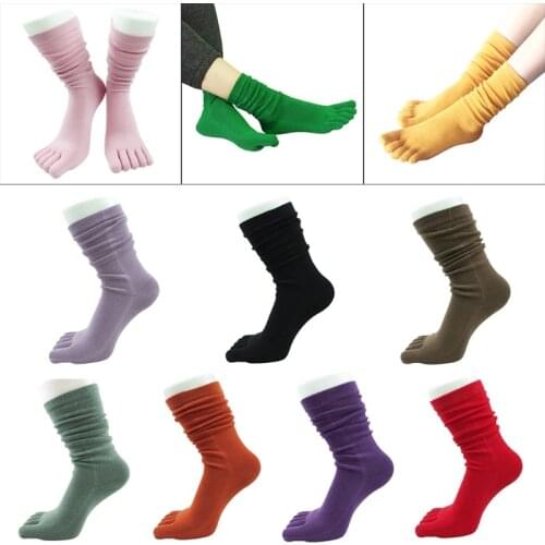 Women Autumn Five Finger Long Tube Socks Simple Solid Color Soft Casual Breathable Toe Separated Cotton Hosiery