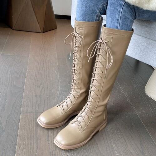 Lace up genuine leather 3.5cm med heel square toe punk superstar buckle fasteners equestrian women knee-high boot LDI19 MUYISEXI