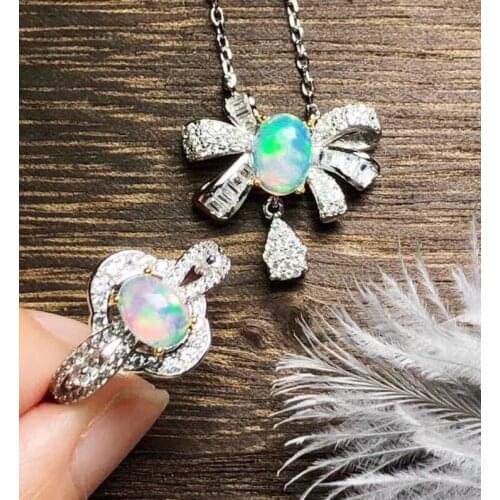 Natural Multicolor opal Ring Pendant Natural Gemstone Jewelry Set S925 Silver elegant Cute Bow girls party present gift jewelry