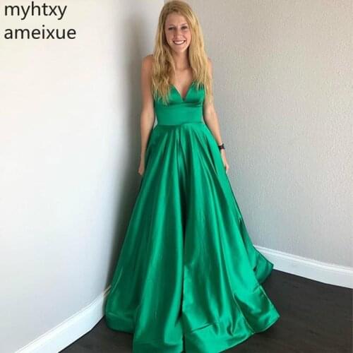 Long Sexy Emerald Evening Green Dress 2021 Spaghetti Straps Evening Gowns With Pockets A Line Backless Dress Robe De Soiree