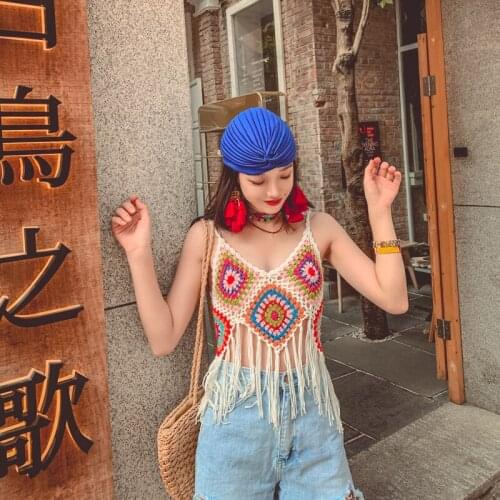 Bohemian Holiday Style Hollow Out Hand-Knitted Crochet Fine Suspenders Tassel Color National Style Vest Woman