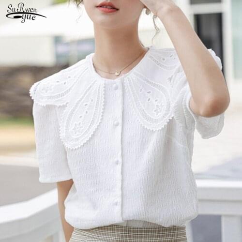 2021 Summer Embroidered Women Shirts with Lace Casual Fashion Women Clothing Single Breasted Black White Tops Blusas 14837