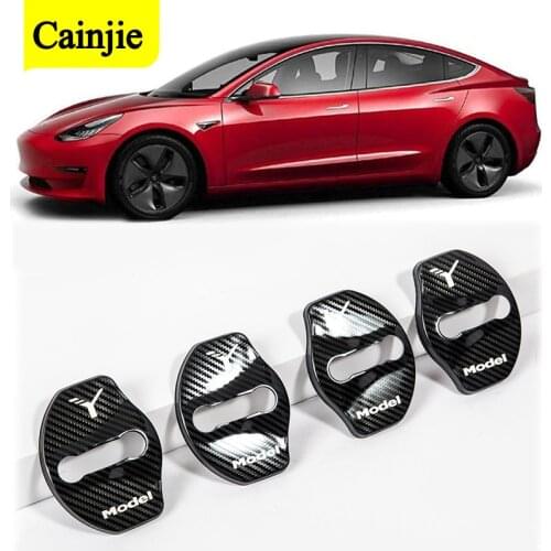 4pcs Model3 / Y Car Door Lock Buckle Metal Protective Cover For Tesla Model 3 2017 - 2021 Accessories Model Y 3 Logo Stickers