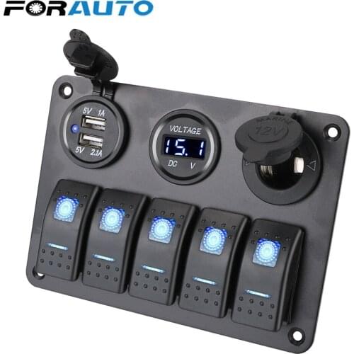 5 Gang LED Rocker Switch Panel 12/24V Outlet Combination Dual USB Slot Socket Digital Voltage for Marine Car Rv Vehicles Truck