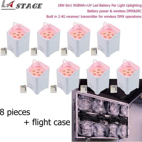 Free Shipping 8pcs IN Road Case 6X18W RGBWA+UV DMX IR Battery Powered Uplight Wireless Dmx Led Par Light Party Led Uplight