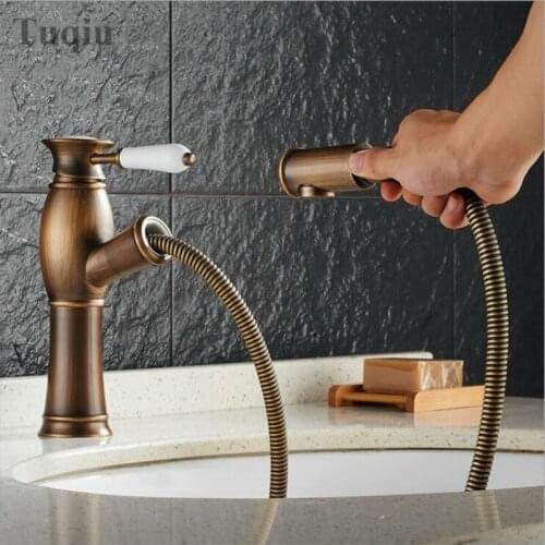 Free Shipping Black Archaize And Bronze Kitchen Faucet New Arrival Solid Brass Swivel Pull Out Spray Sink Mixer Tap Deck Mounted