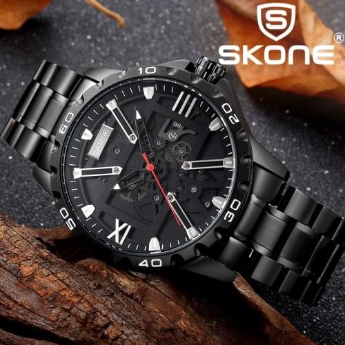 SKONE Fashion Top Luxury Brand Men Copy Mechanical Quartz Stainless Steel Watch Summer Autumn Military Simple Gear Watch 7503
