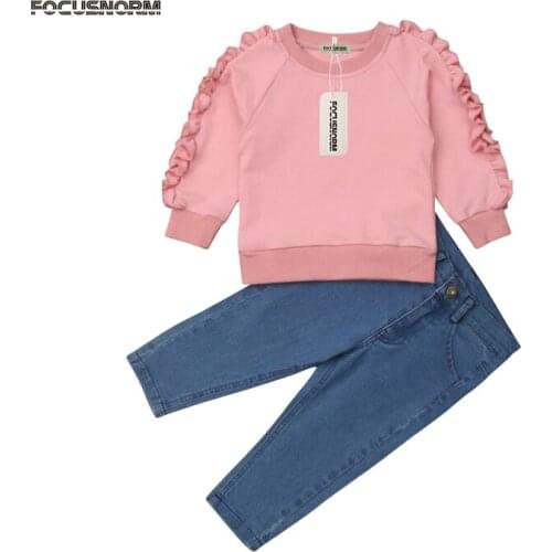 Toddler Kids Baby Girl Ruffles Floral Clothes Girls Autumn 2Pcs Set Hoodies Tops T-Shirt Denim Pants Jeans Warm Outfits Clothes
