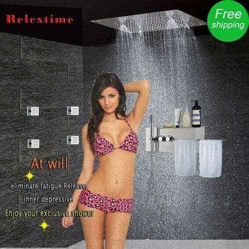 Shower Panel with Towel Rack Shelf Massage Jets Concealed Thermostatic Mixing Valve Luxury Large Overhead Shower Head KF5203