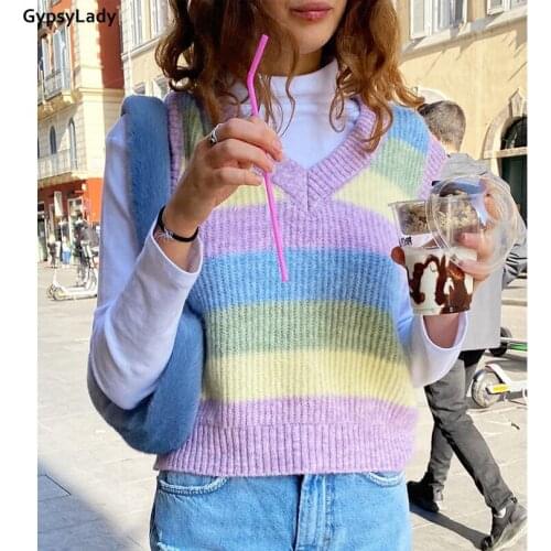 GypsyLady Bohe Kintted Sweater Vest Autumn Y2k Casual Chic Women Vest Sweater V-neck Outwear Ladies Female Sweater Knitwear Top