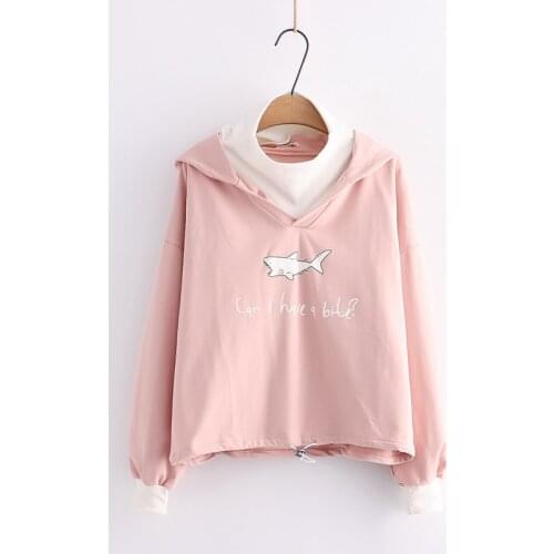 Shark Print Harakuju Patchwork Cotton Hoodies Kawaii Pullover Sweatshirt Women 2021 Winter Female Drawstring Cute Graphic Tops