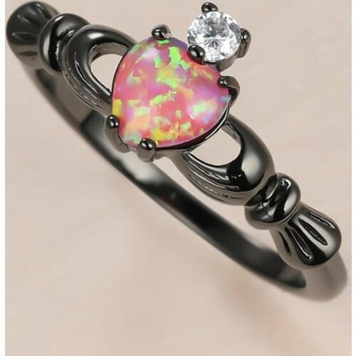 Dainty Female Pink Heart Opal Rings Charm 14KT Black Gold Wedding Rings For Women Cute Bride Round Zircon Engagement Ring