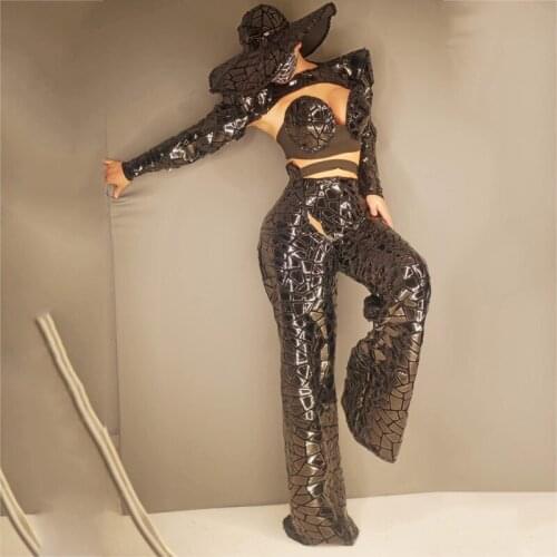 Black Sequins Bra Pant Shawl Cap Outfit Set Women Dancer Singer Show Wear Bar Party Evening Reflective Set Rave Outfit XS1951