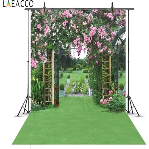 Laeacco Garden Flowers Pergola Arch Gate Green Floor Photography Backdrops Photo Backgrounds Baby Newborn Portrait Photophone