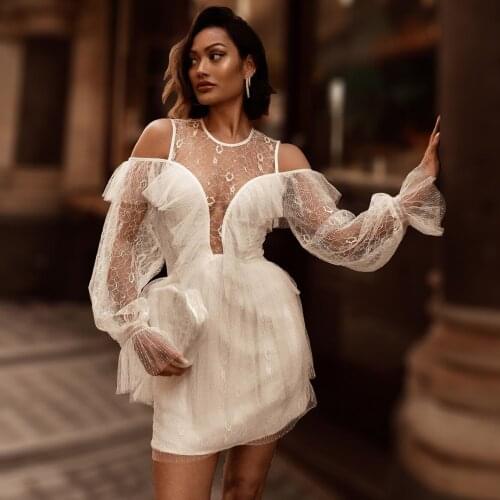 Micah Gianneli Inspired Lace Sheer Mesh Puffy Sleeves Plunge Neck White Bandage Dress Feminine Cold Shoulder Clubwear For Party
