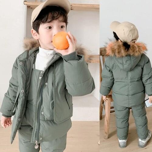 2020 New Winter 2 3 4 6 8 Years Fur Hooded Jacket+Overalls Suit 2Pcs Duck Down Children Clothing Set for Baby Kids Girls Boys
