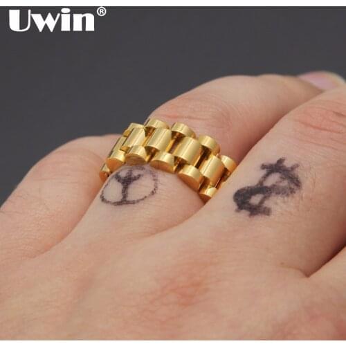 Uwin Top Quality Size 8-12 Hip Hop Band Ring Mens Stainless Steel Gold Color Watchband Link Style Ring