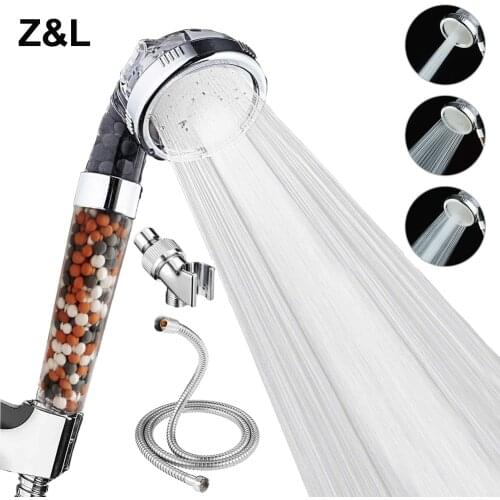 Z&L Bathroom Pressurized Anion Mineral Balls 3 Modes Adjustable High Pressure Hand Filter Spa Shower Head Set with Hose Bracket