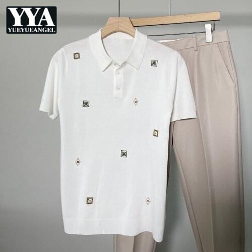 New Mens Summer Korean Style Embroidery Design Slim Short Sleeve T-Shirts Turn-Down Collar Button Knitted Pullover T-Shirts