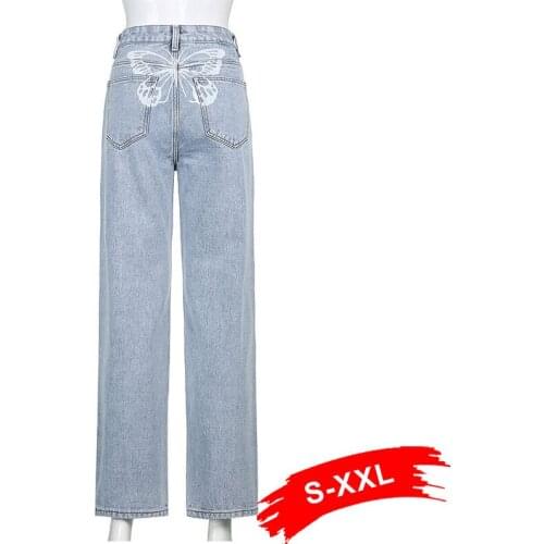 Plus Size Vintage Butterfly Print Brown Jeans Harajuku Wide Leg Baggy Denim Pant Women Loose Street High Waist Straight Trousers