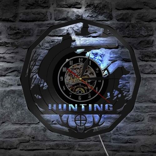 Deer Hunter Hunting Gift Wall Clock Retro Vinyl Record Wall Clock Home Decor Hanging Watch With LED Light relojes de pared