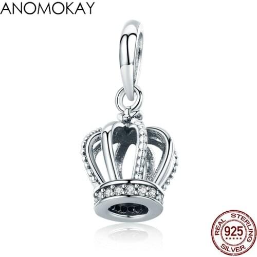 Anomokay Real 925 Sterling Silver Royal Crown Charm Pendant fit Bracelets & Necklaces Chain White CZ S925 Silver Fine Jewelry