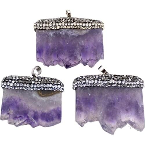 Natural Amethysts druzy Pendants Pave Crystal Rhinestone Amethysts Quartz jewelry rectangle Charms for Necklace